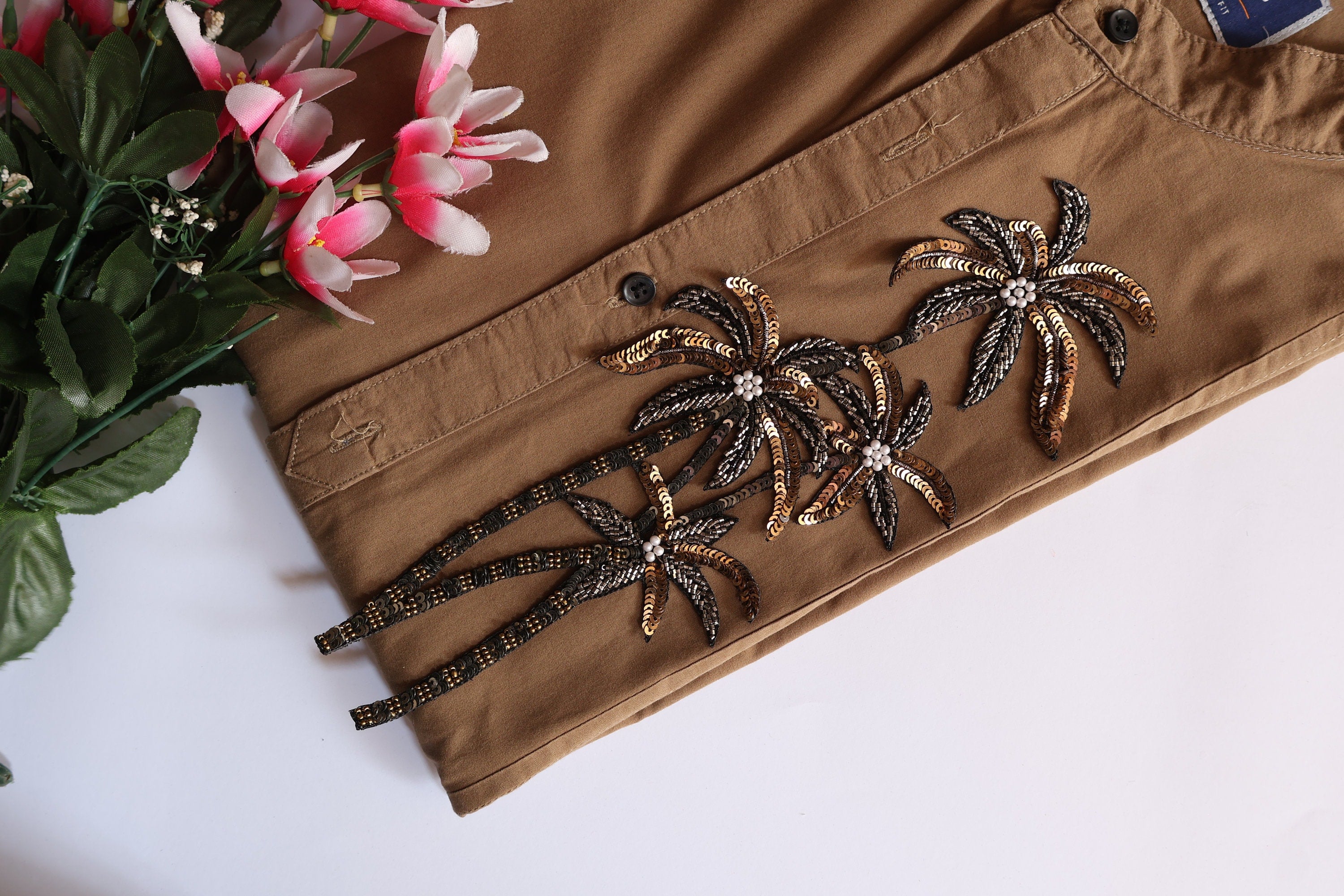 Floral Sequin Embroidered Applique Patch: Handcrafted Indian Sew-On