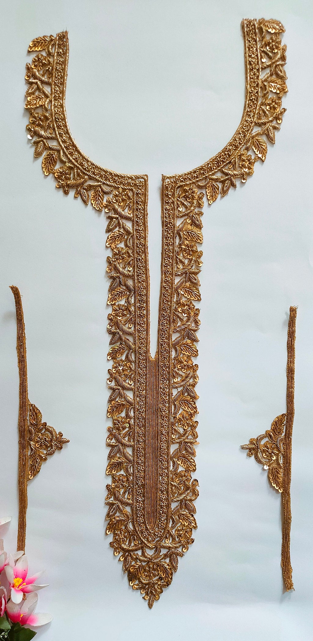 Zardozi Embroidered Neckline Patch with Sleeves: Floral Applique