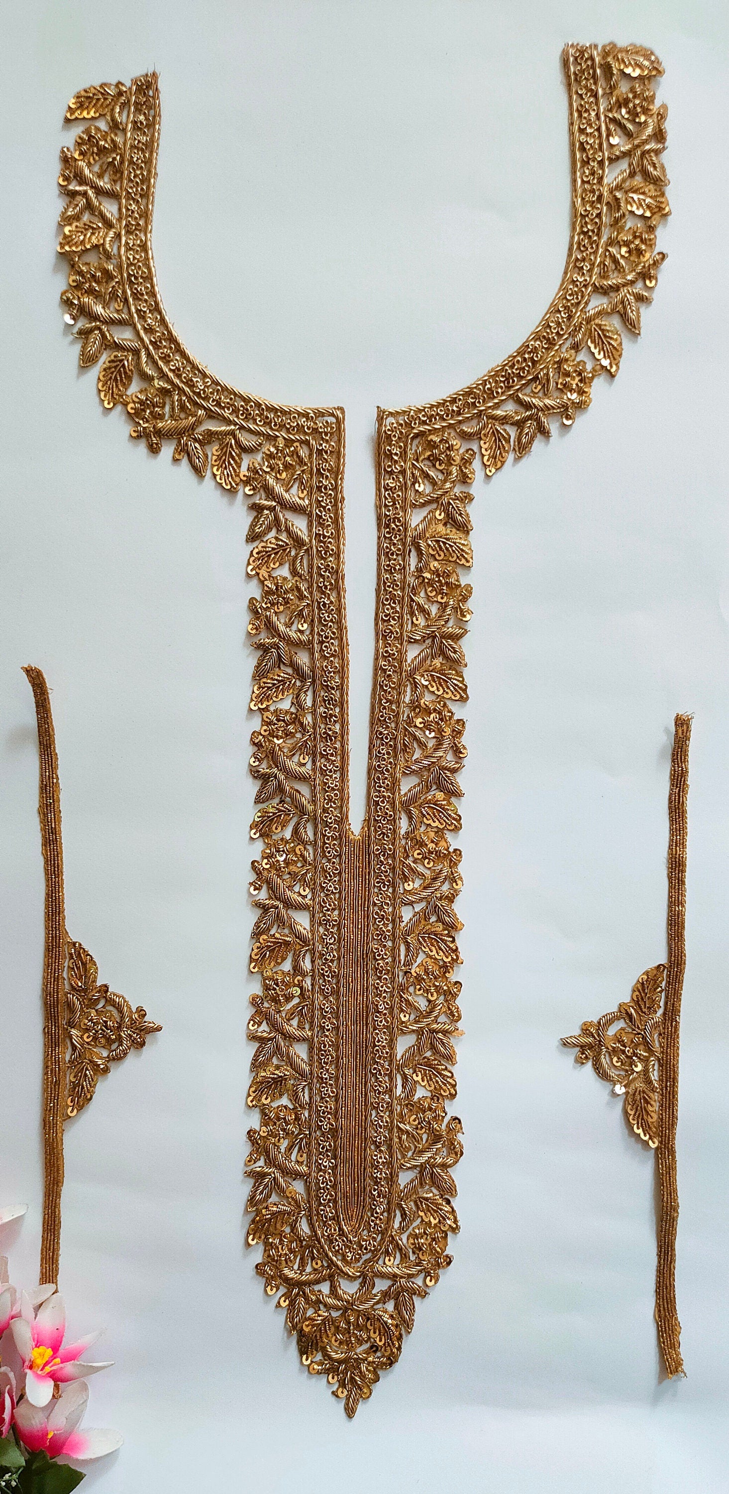 Zardozi Embroidered Neckline Patch with Sleeves: Floral Applique