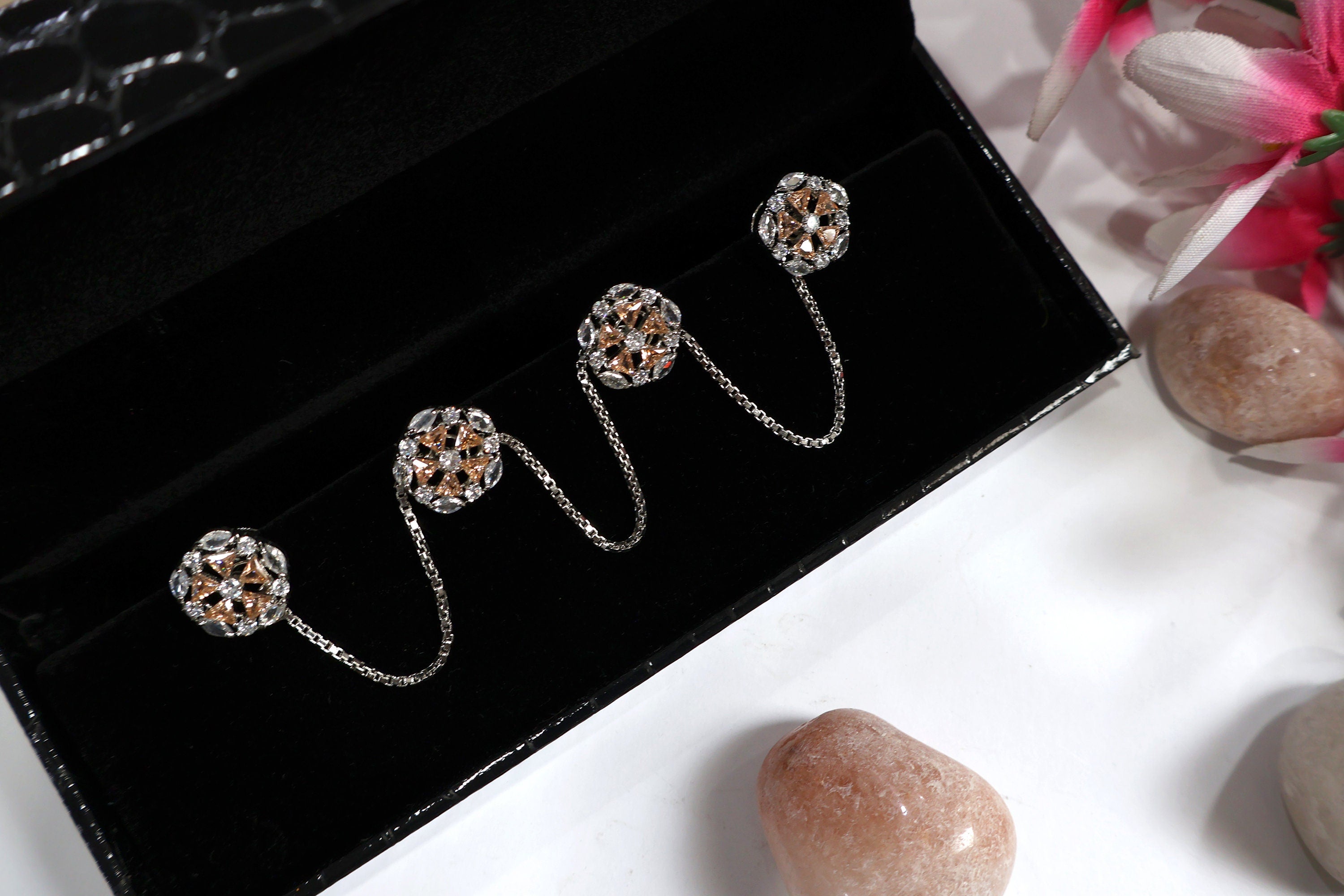 Silver Chain Kurta Buttons: Champagne Gold Crystal Studs, Indian Wedding Set