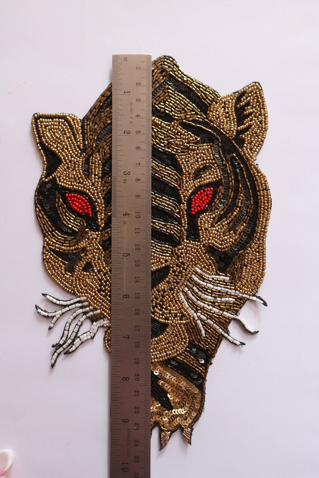 Beaded Tiger Applique Patch: Golden Black Embroidery, Sew On
