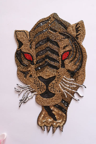 Golden Black Tiger Applique Sew on Patch, Indian Beaded Embroidery Patch Artwork - 1Pc
