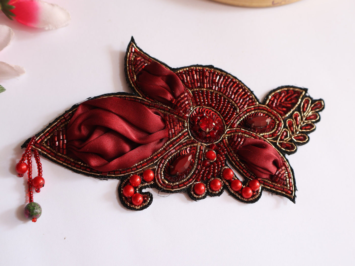 Maroon Applique Patch Beads & Pearl Embellished Indian Artwork - 1 pc