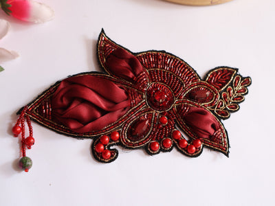 Maroon Applique Patch Beads & Pearl Embellished Indian Artwork - 1 pc