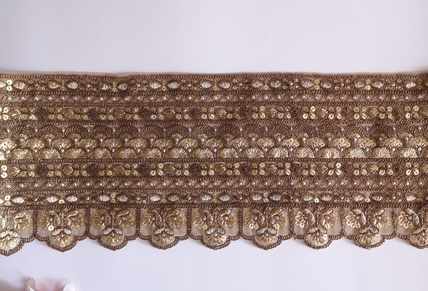 Golden Brown Broad Zari Scalloped Embroidered Trim Lace 16 cm - 1 Yard