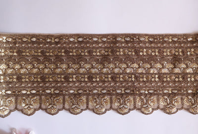 Golden Brown Broad Zari Scalloped Embroidered Trim Lace 16 cm - 1 Yard