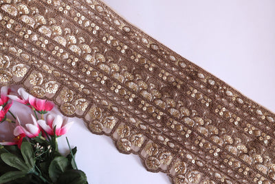 Golden Brown Broad Zari Scalloped Embroidered Trim Lace 16 cm - 1 Yard