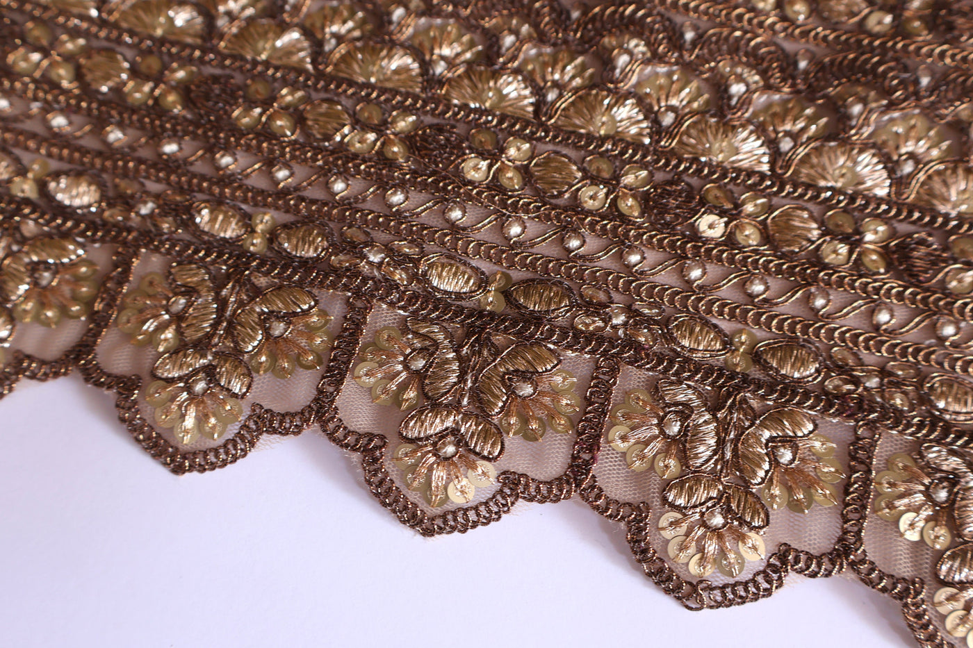 Golden Brown Broad Zari Scalloped Embroidered Trim Lace 16 cm - 1 Yard