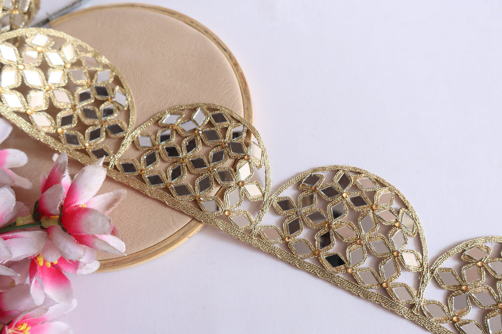 Golden Scalloped Mirror Trim, Indian Sari Border, DIY Sewing Lace
