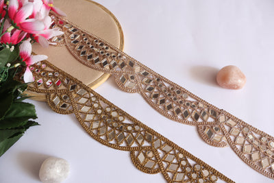 3 Yards Antique Gold Mirror Sari Border: Scalloped Bollywood Lace