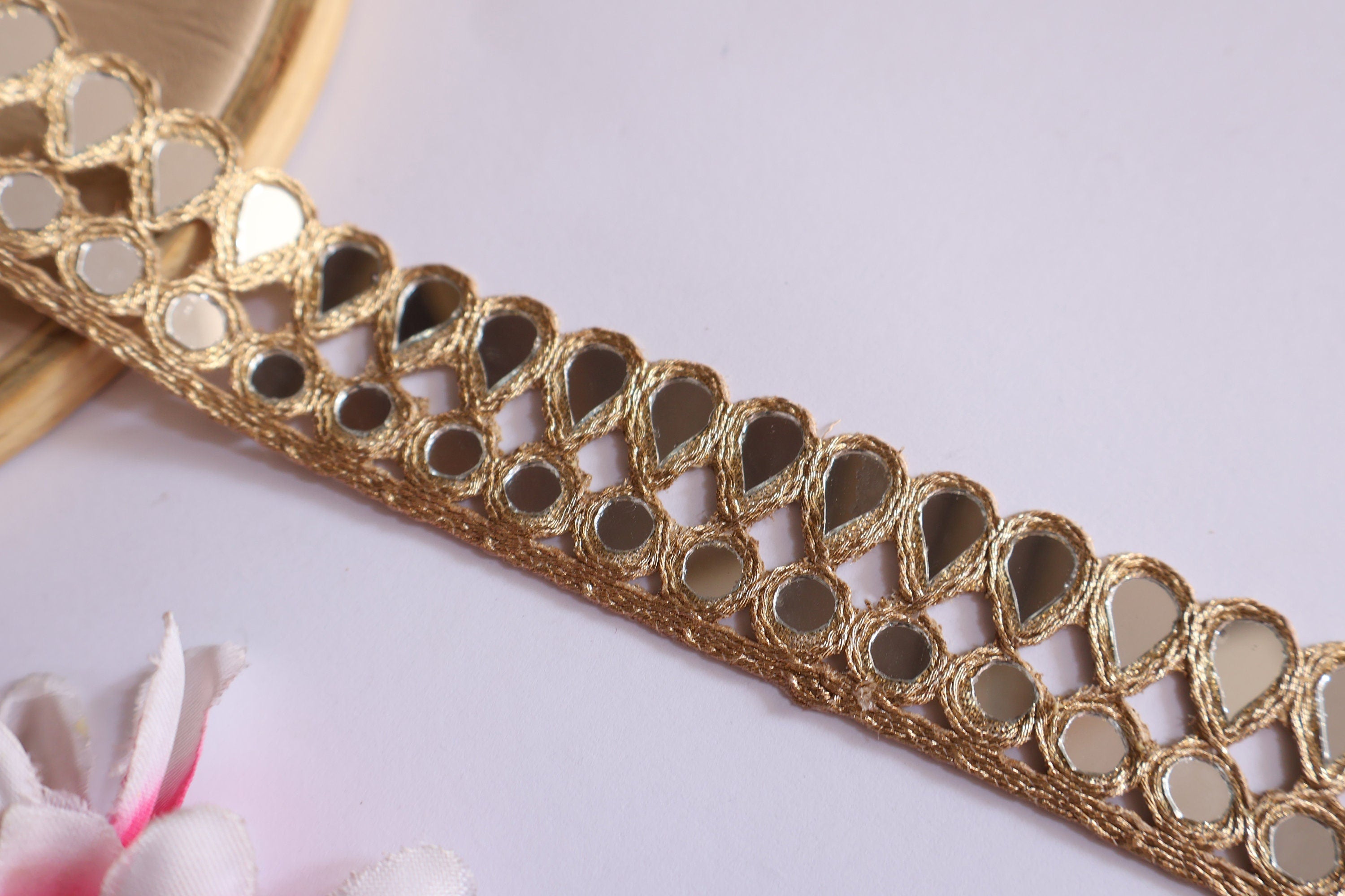Rose Gold Mirror Sari Border Lace: Indian Cutwork Trim, 2.5cm Wide