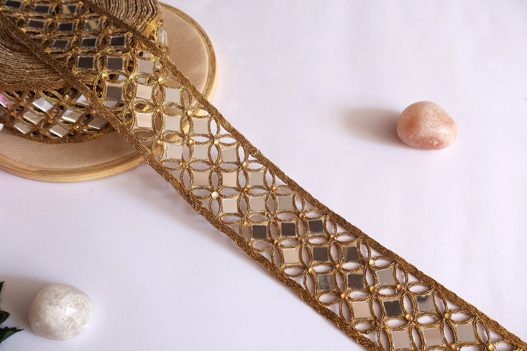 Golden Mirror Geometric Trim: Zari Indian Lace (5cm Wide)