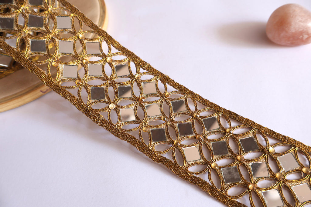 Golden Mirror Geometric Trim: Zari Indian Lace (5cm Wide)