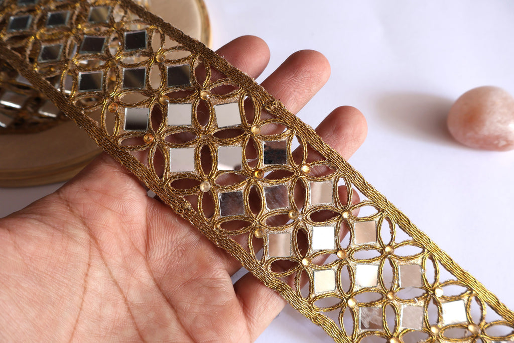 Golden Mirror Geometric Trim: Zari Indian Lace (5cm Wide)