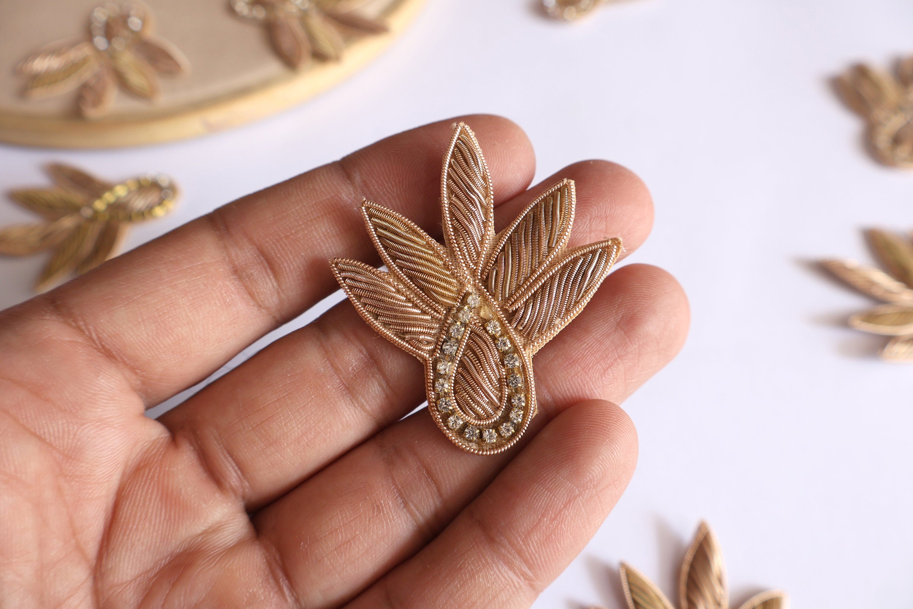Gold Floral Leaf Applique Patches: Indian Zardozi Sew-On Embellishments (Set of 10)