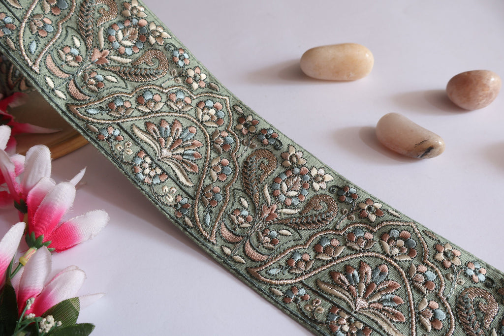 Mint Green Floral Embroidered Trim: Indian Sari Border, 3 Yards