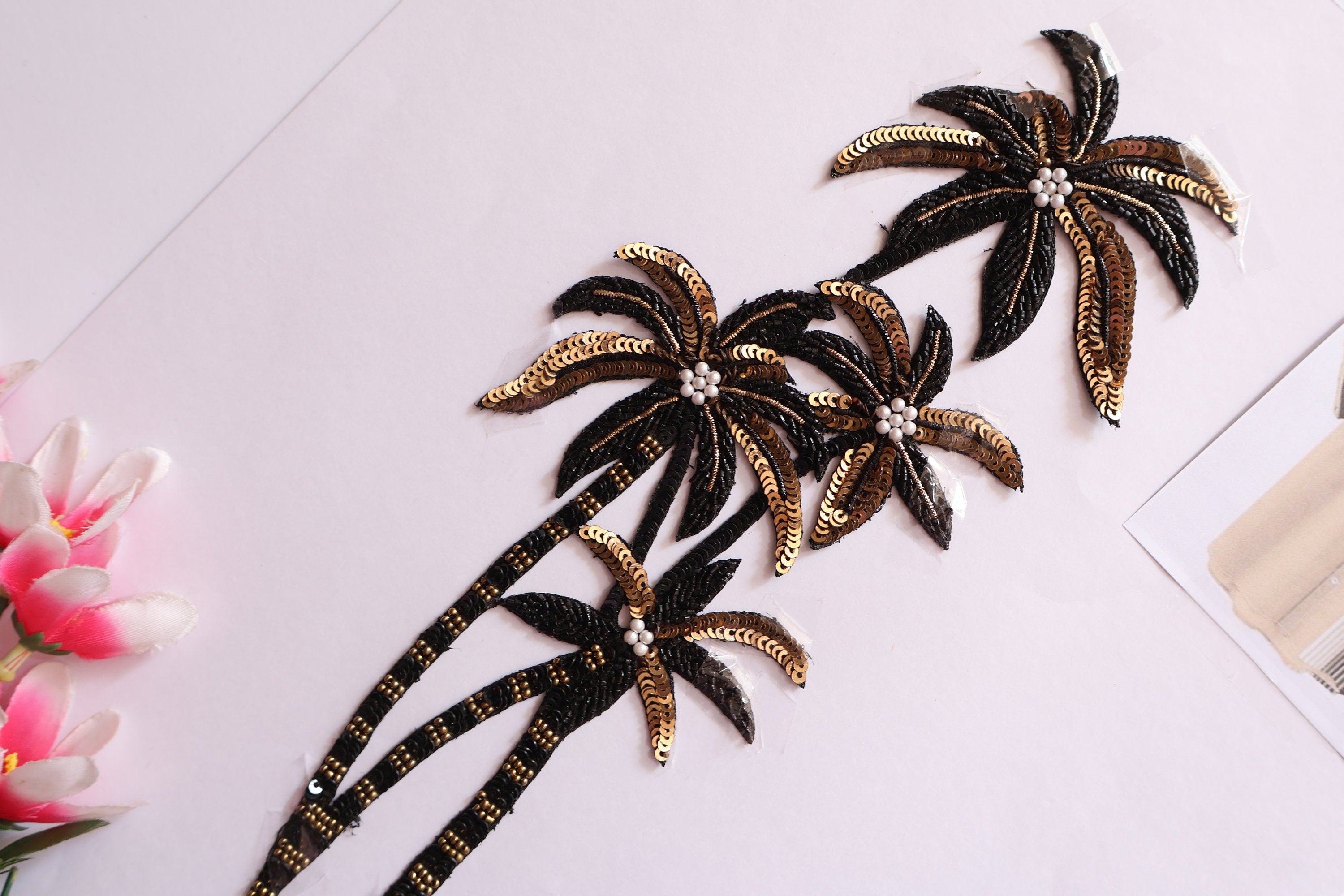 Floral Sequin Embroidered Applique Patch: Handcrafted Indian Sew-On