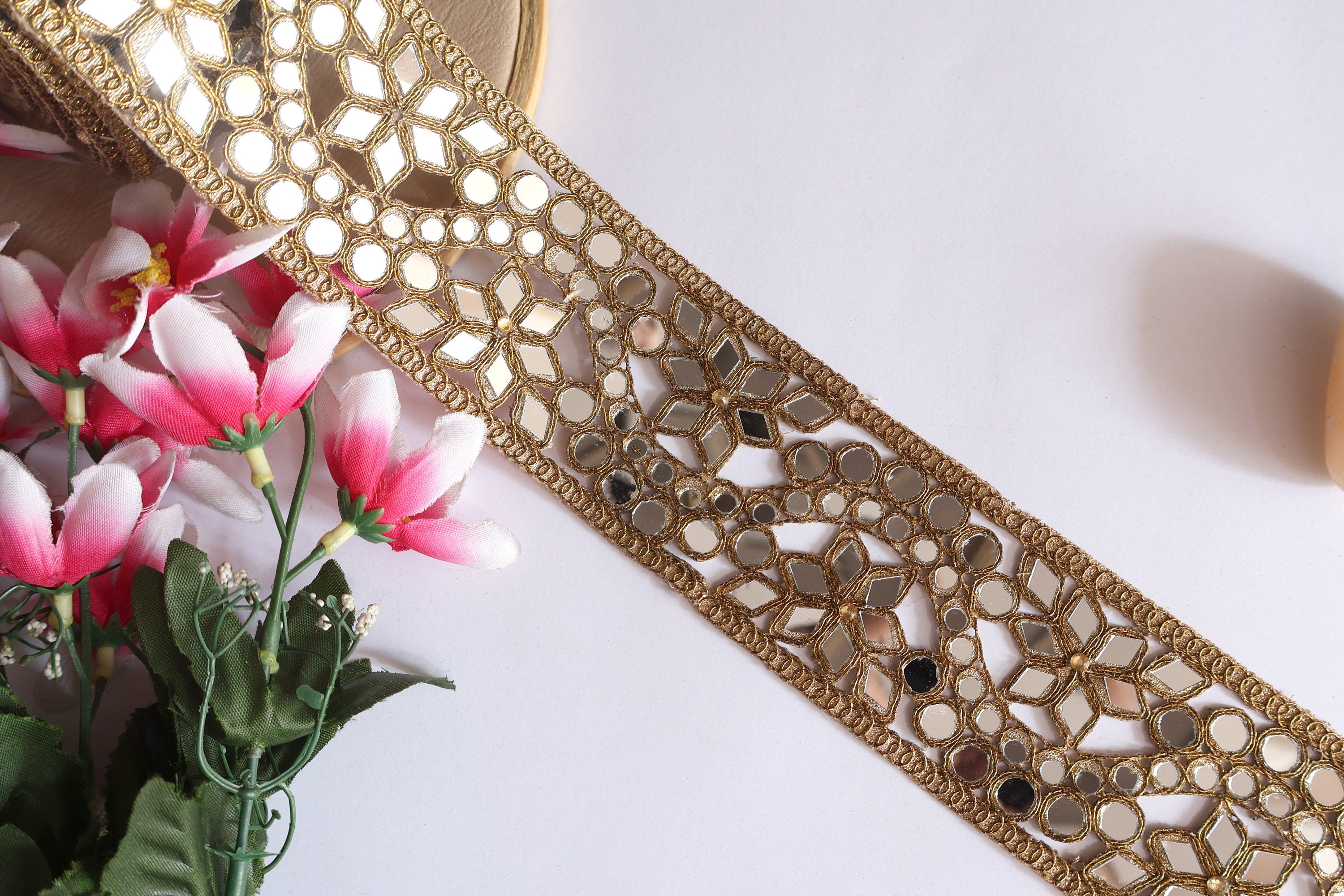 Mirrorwork Trim: Golden Cutwork Indian Lace, 6cm Wide