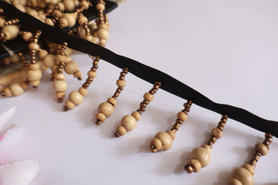 Wooden Beaded Tassel Trim: Indian Dupatta Lace, Sewing, Drapery (5cm)