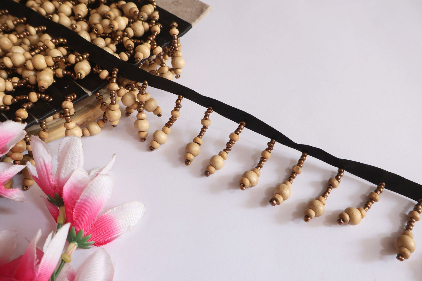 Wooden Beaded Tassel Trim: Indian Dupatta Lace, Sewing, Drapery (5cm)