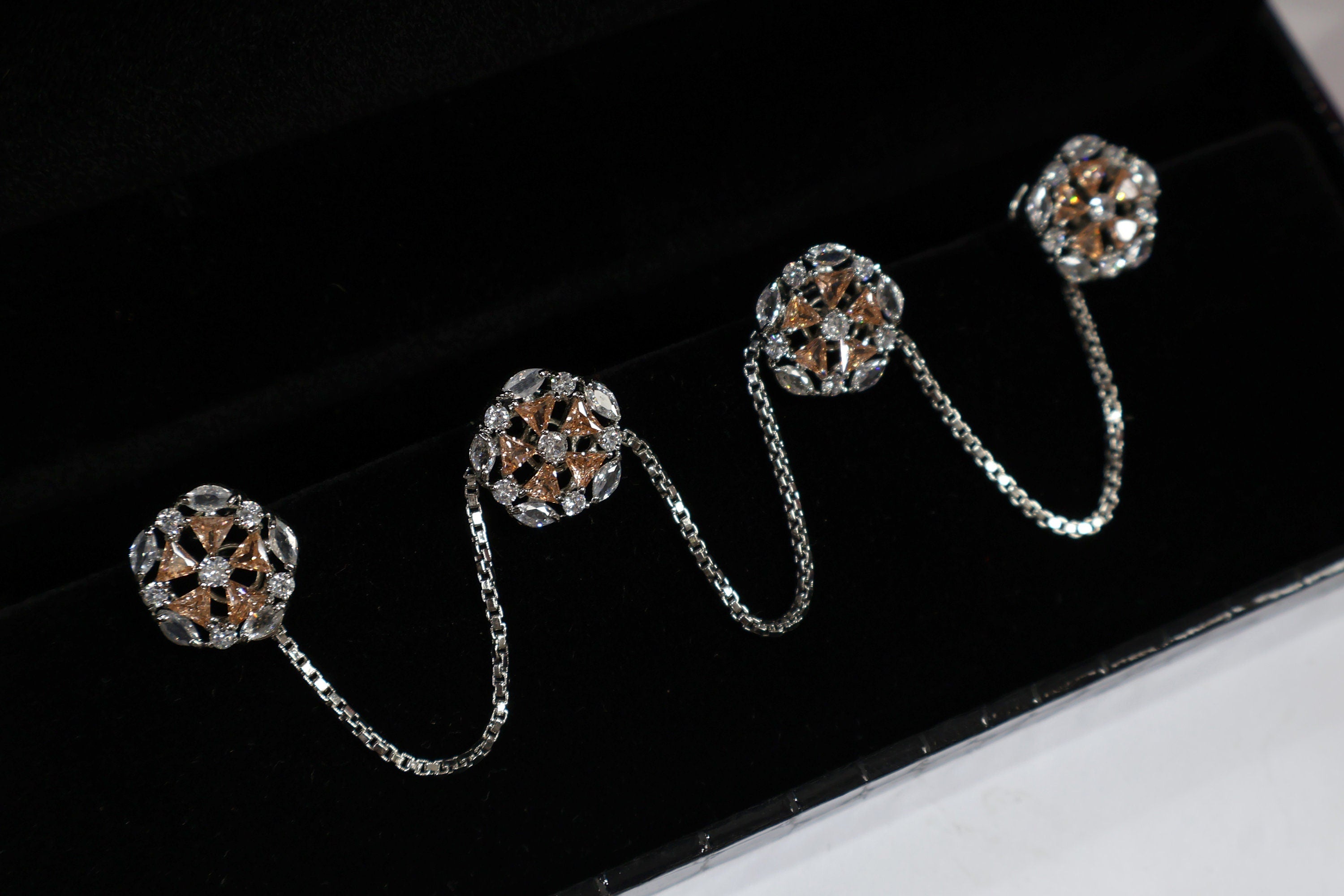 Silver Chain Kurta Buttons: Champagne Gold Crystal Studs, Indian Wedding Set