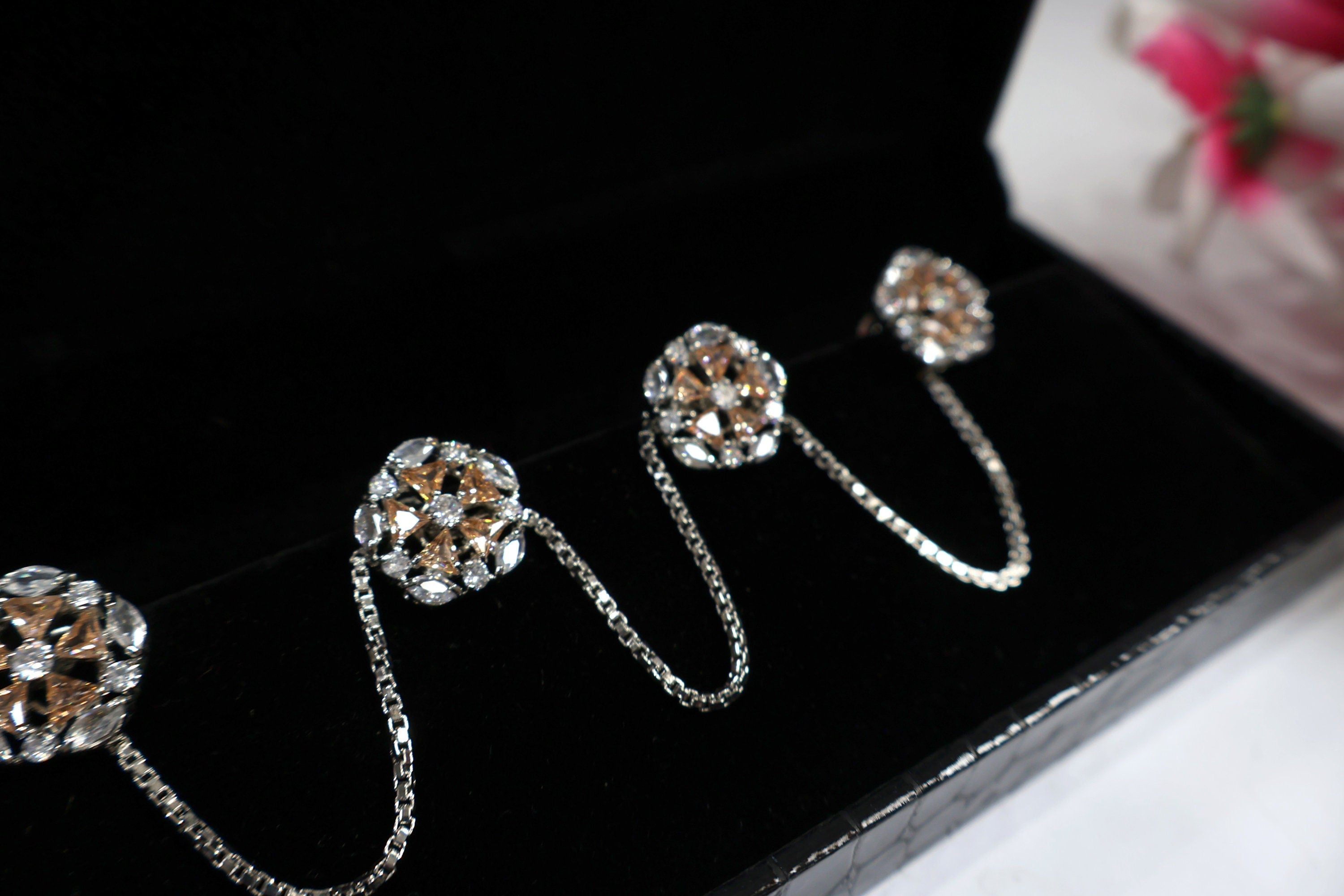 Silver Chain Kurta Buttons: Champagne Gold Crystal Studs, Indian Wedding Set