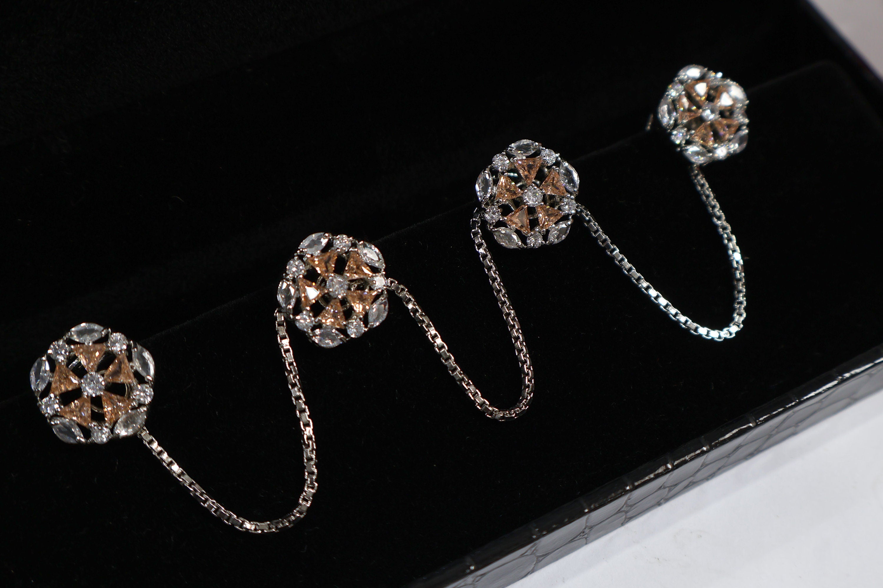 Silver Chain Kurta Buttons: Champagne Gold Crystal Studs, Indian Wedding Set