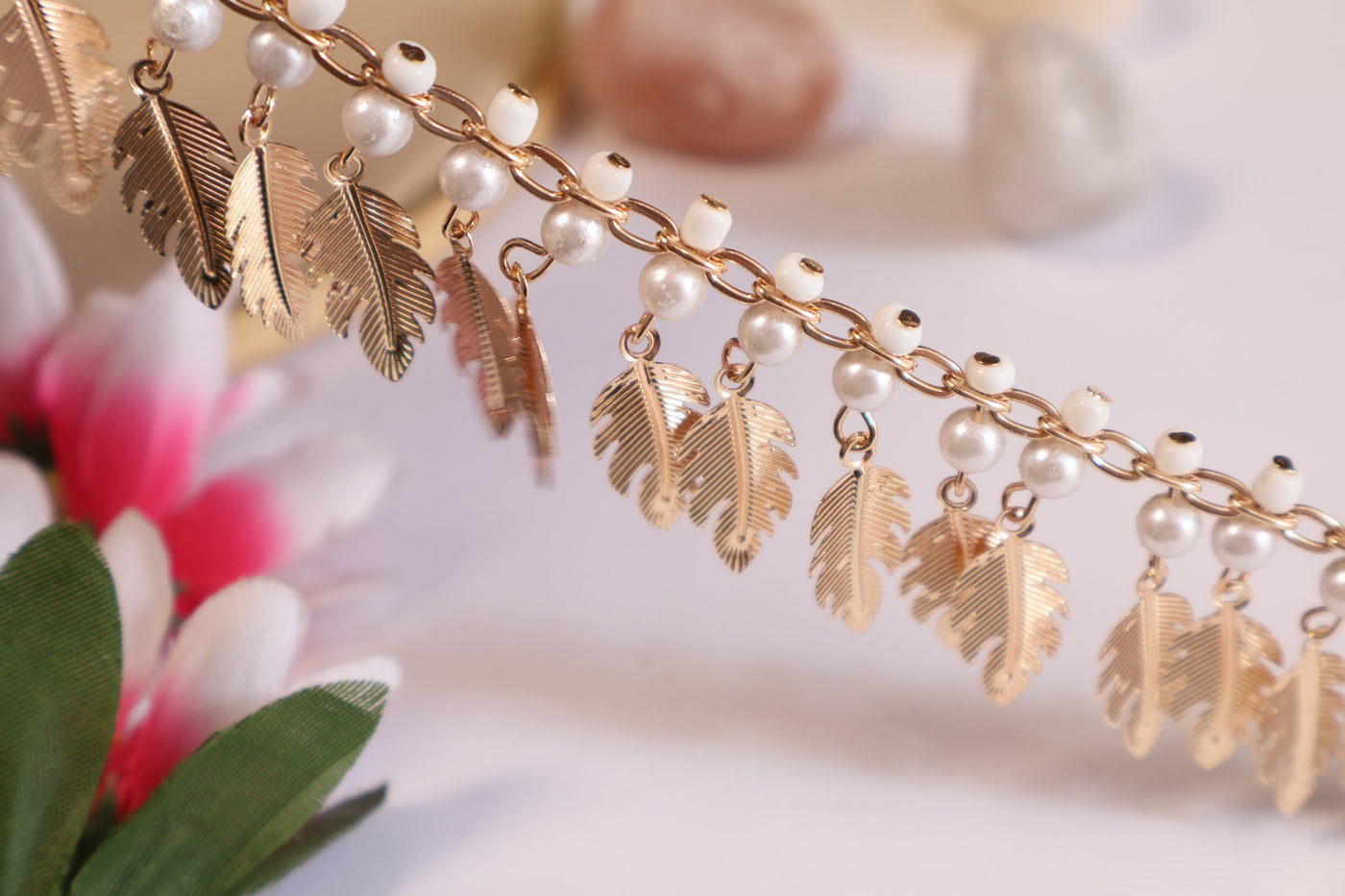 Suspended Gold Leaf Intricate Pearl Trim Vine 3.5 cm Wide