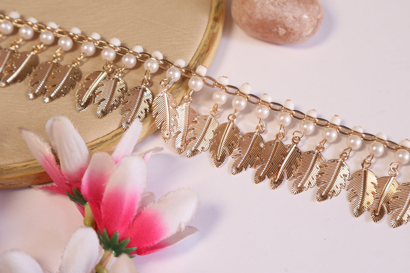 Suspended Gold Leaf Intricate Pearl Trim Vine 3.5 cm Wide