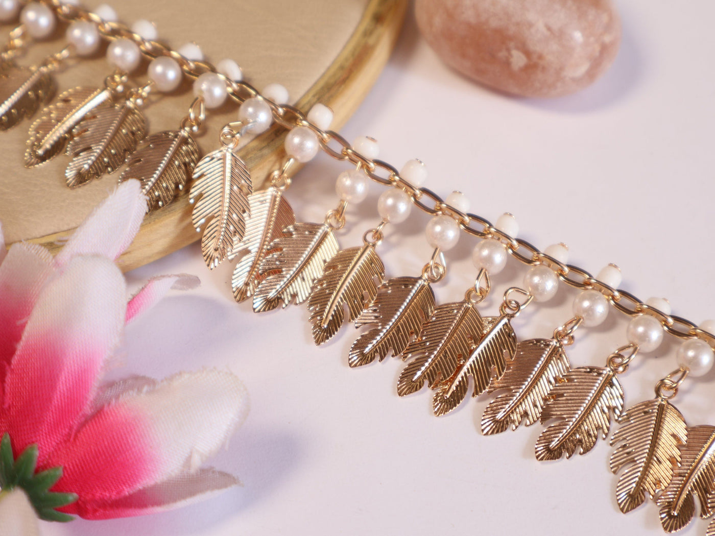 Suspended Gold Leaf Intricate Pearl Trim Vine 3.5 cm Wide