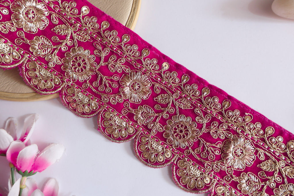Magenta Pink Velvet Lace Border: Gold Zari Sari Trim, 8cm Wide