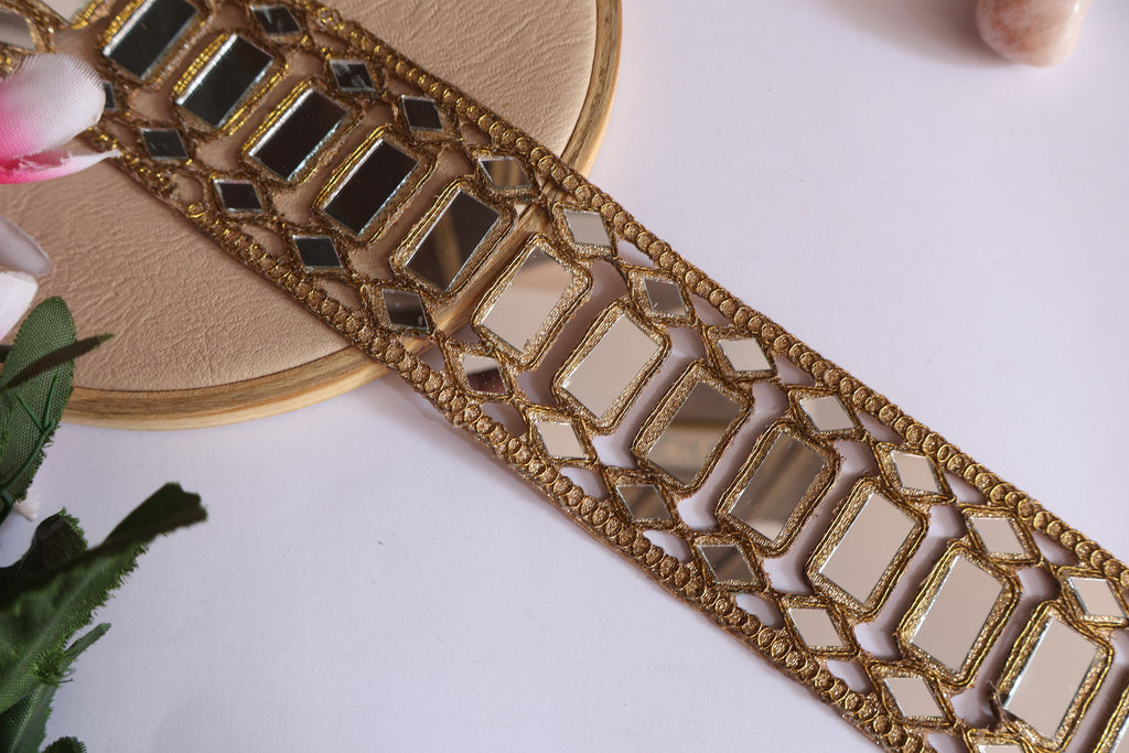 Gold Mirror Lace Trim: Rectangular Embellishment, 5.5cm Wide