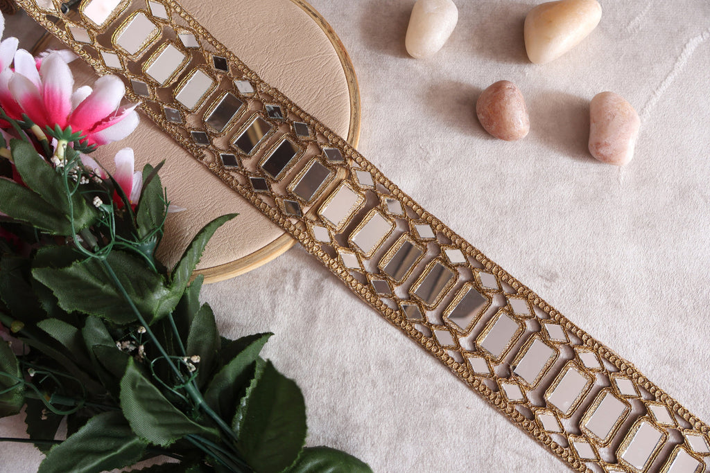 Gold Mirror Lace Trim: Rectangular Embellishment, 5.5cm Wide