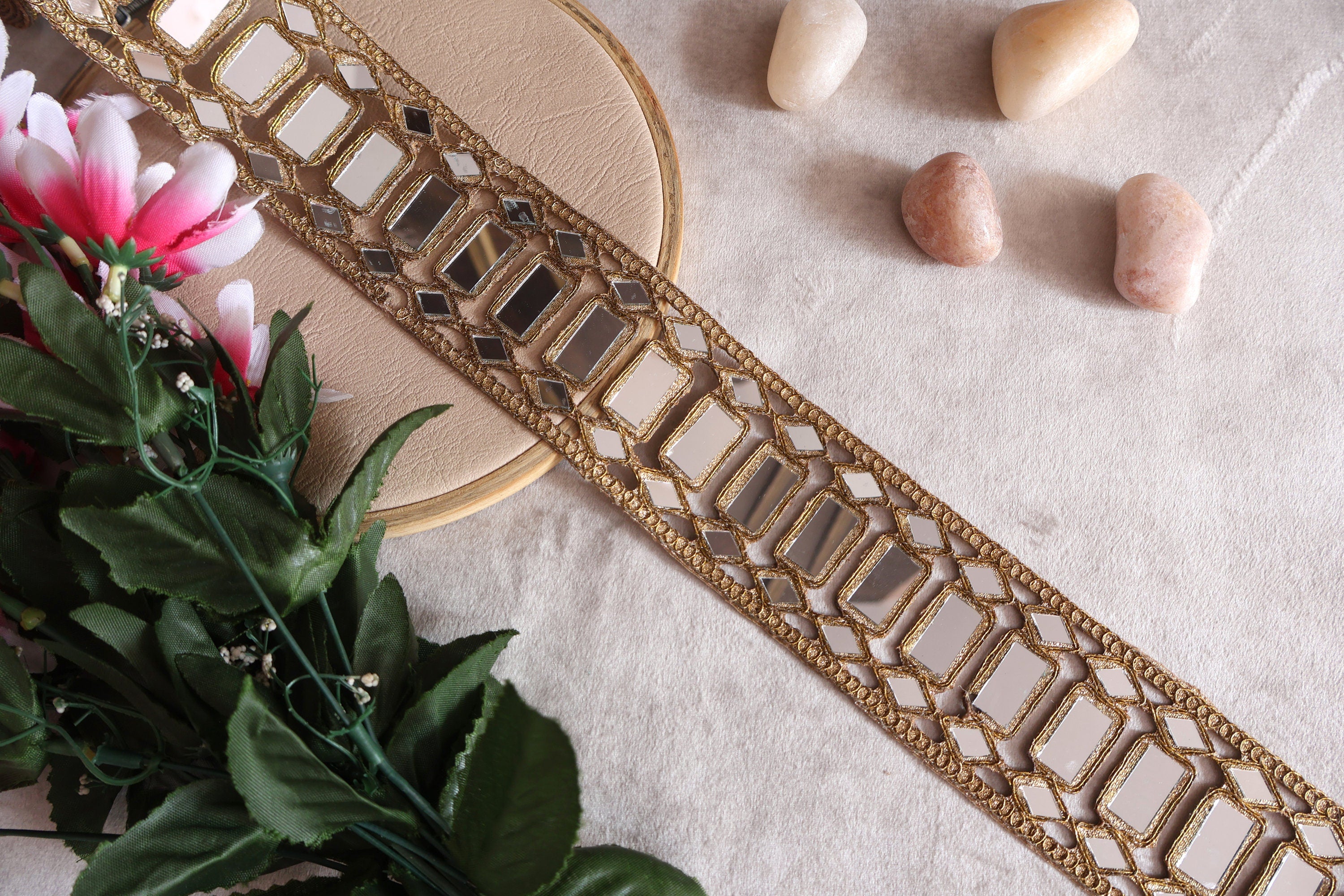 Gold Mirror Lace Trim: Rectangular Embellishment, 5.5cm Wide