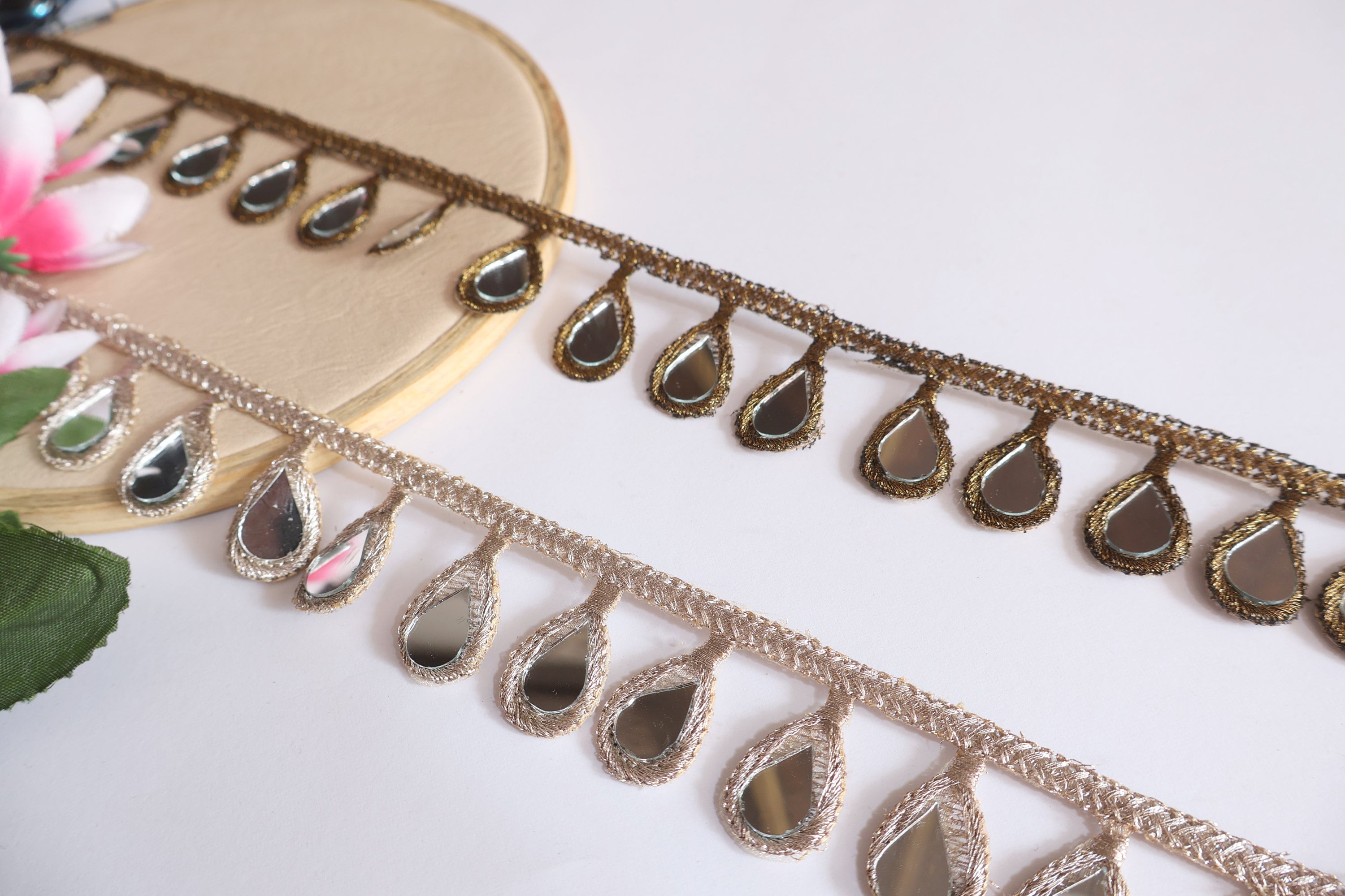 Rose Gold Mirror Sari Border Trim: Indian Lehenga Lace, 3 Yards