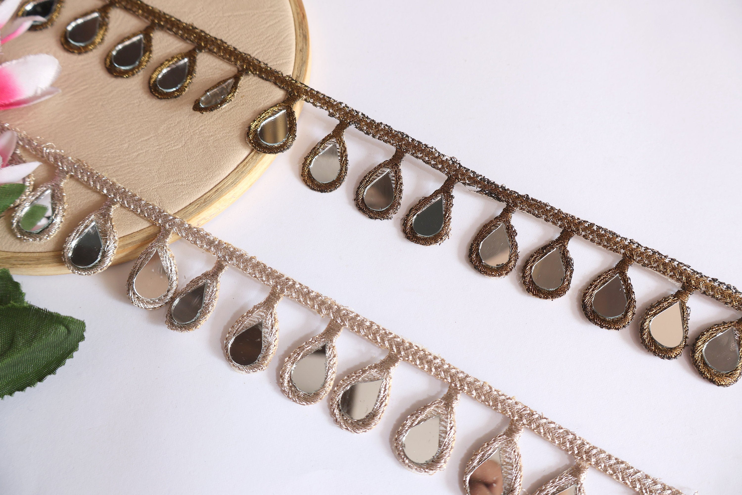 Rose Gold Mirror Sari Border Trim: Indian Lehenga Lace, 3 Yards