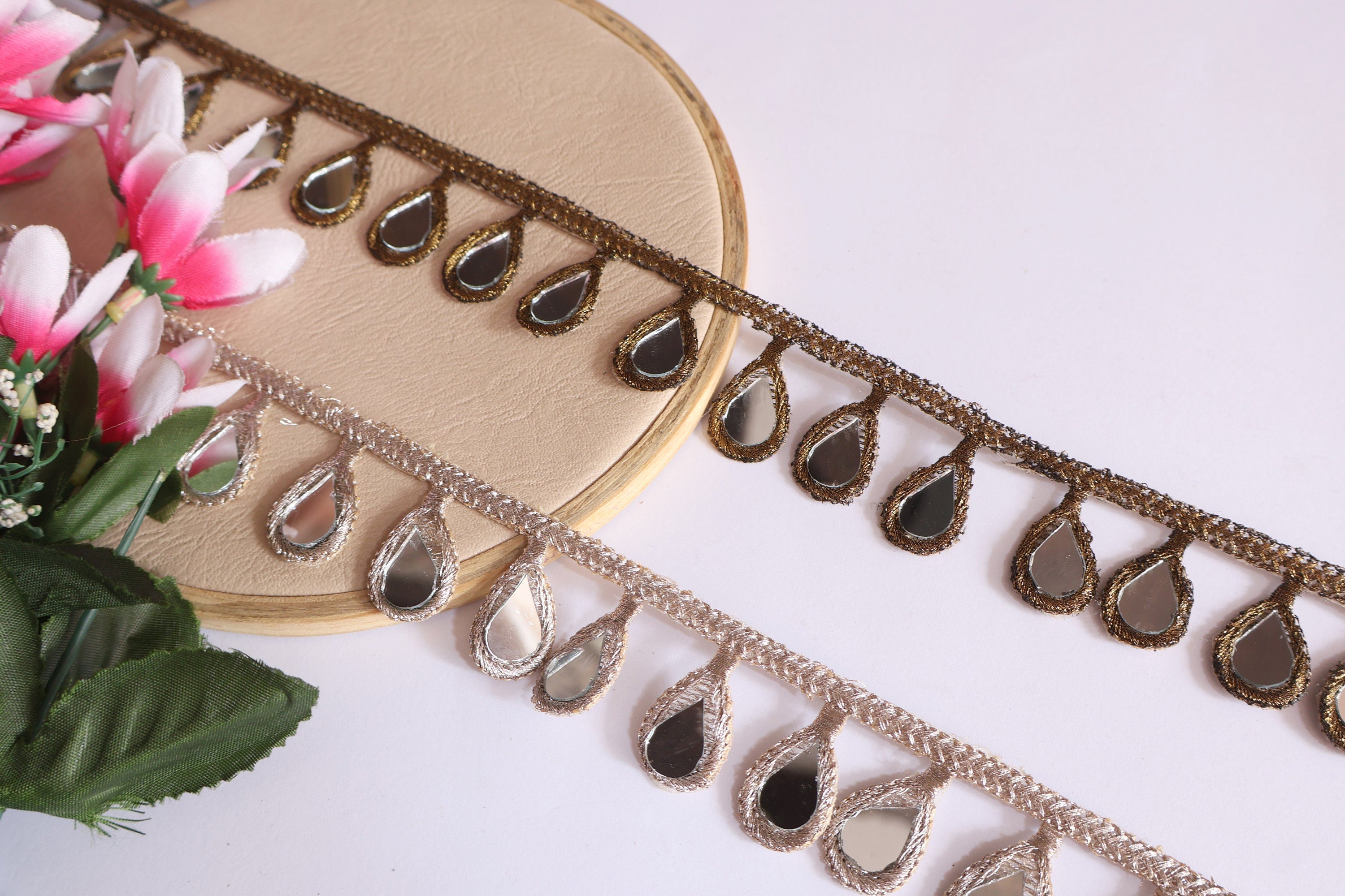 Rose Gold Mirror Sari Border Trim: Indian Lehenga Lace, 3 Yards