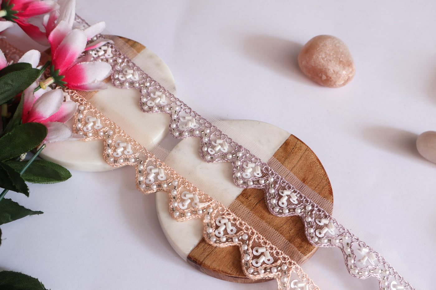 9 Yards Light Purple & Orange Beaded Embroidered Trim: Floral Lace