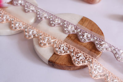 9 Yards Light Purple & Orange Beaded Embroidered Trim: Floral Lace