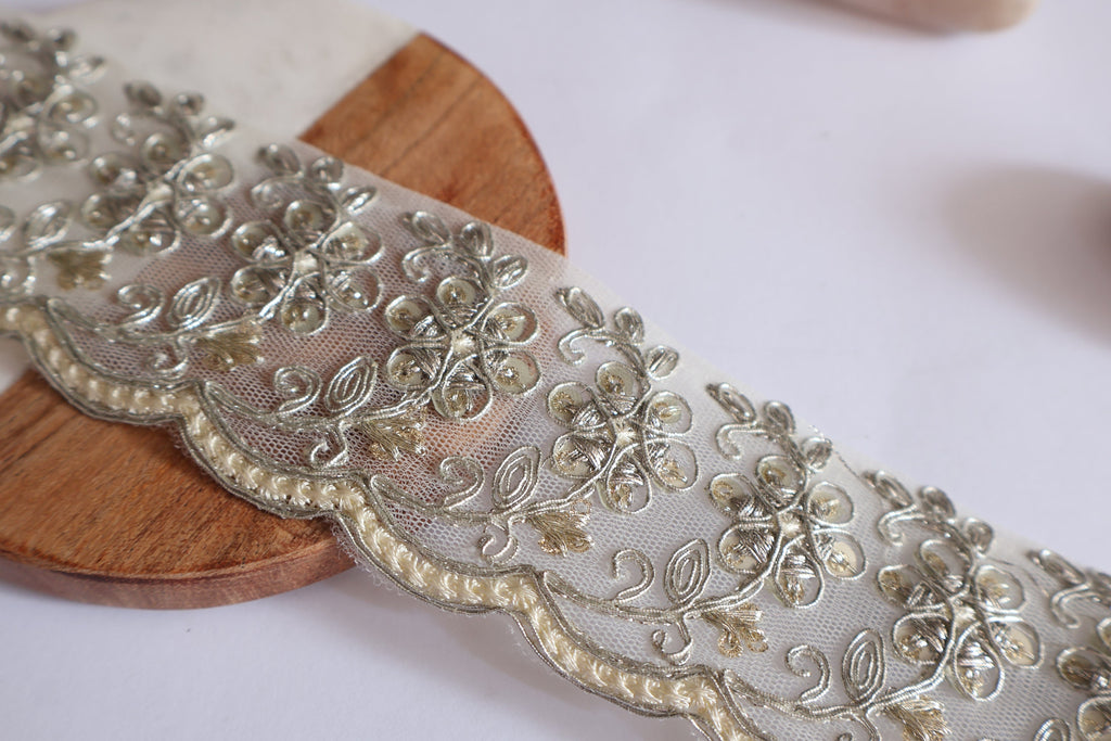 Floral Scallop Embroidered Lace Trim: Indian Sari Border, Wedding Dress Embellishment