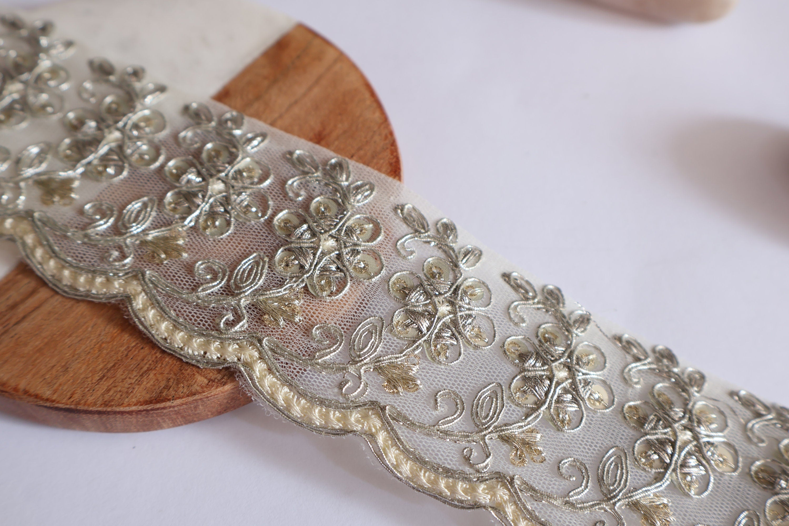 Floral Scallop Embroidered Lace Trim: Indian Sari Border, Wedding Dress Embellishment