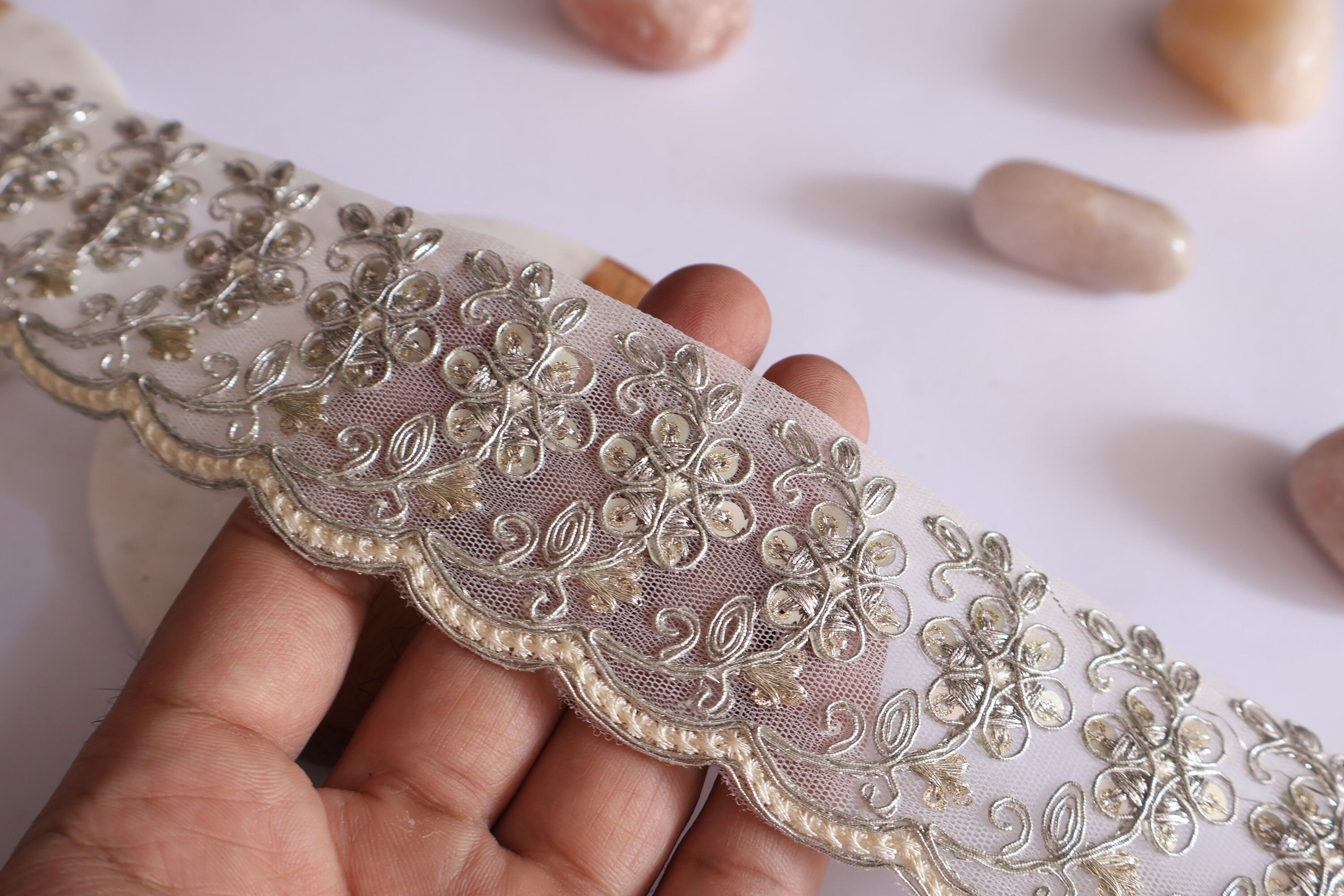 Floral Scallop Embroidered Lace Trim: Indian Sari Border, Wedding Dress Embellishment