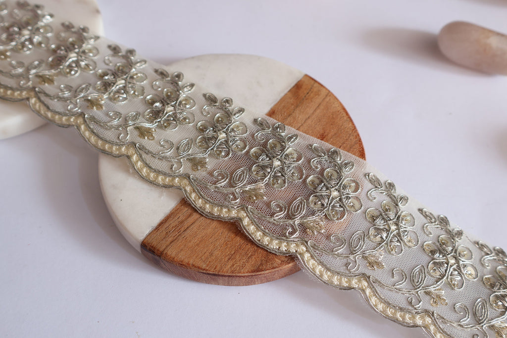 Floral Scallop Embroidered Lace Trim: Indian Sari Border, Wedding Dress Embellishment