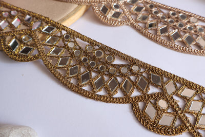 3 Yards Antique Gold Mirror Sari Border: Scalloped Bollywood Lace