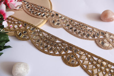 3 Yards Antique Gold Mirror Sari Border: Scalloped Bollywood Lace