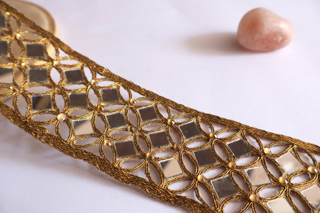 Golden Mirror Geometric Trim: Zari Indian Lace (5cm Wide)