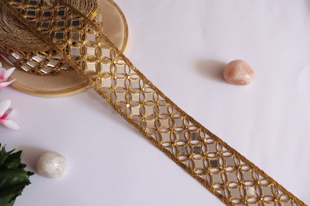 Golden Mirror Geometric Trim: Zari Indian Lace (5cm Wide)