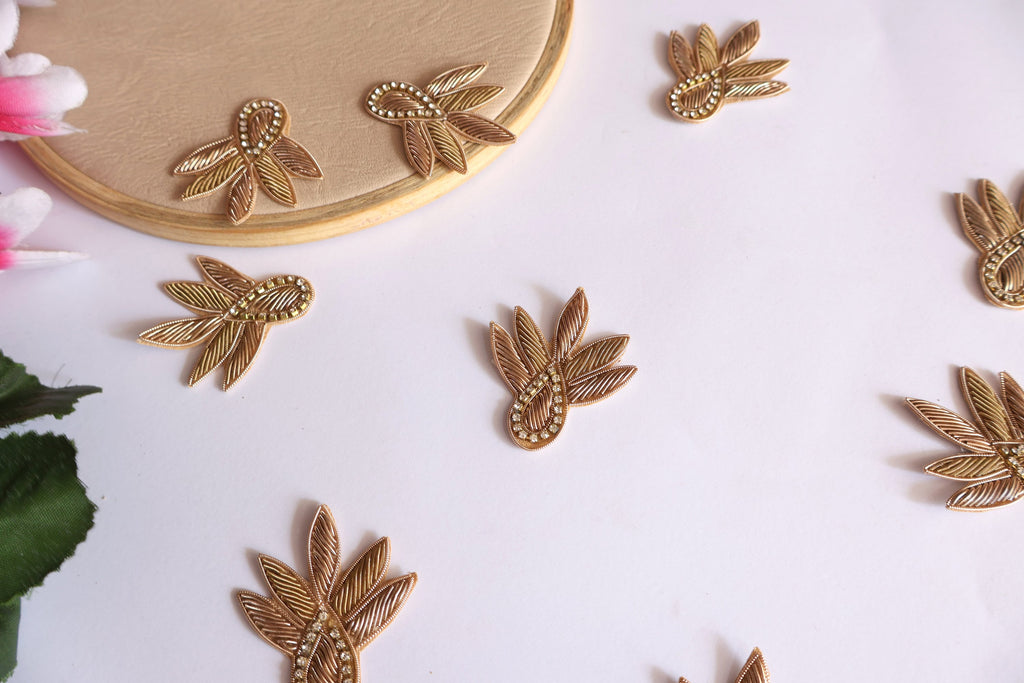 Gold Floral Leaf Applique Patches: Indian Zardozi Sew-On Embellishments (Set of 10)