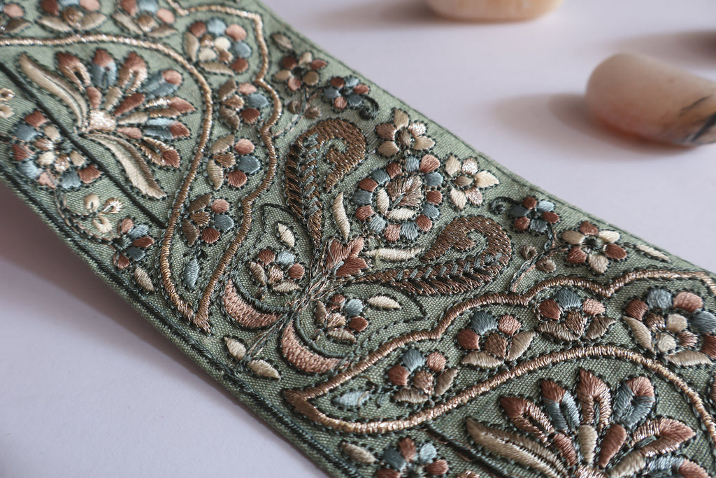Mint Green Floral Embroidered Trim: Indian Sari Border, 3 Yards