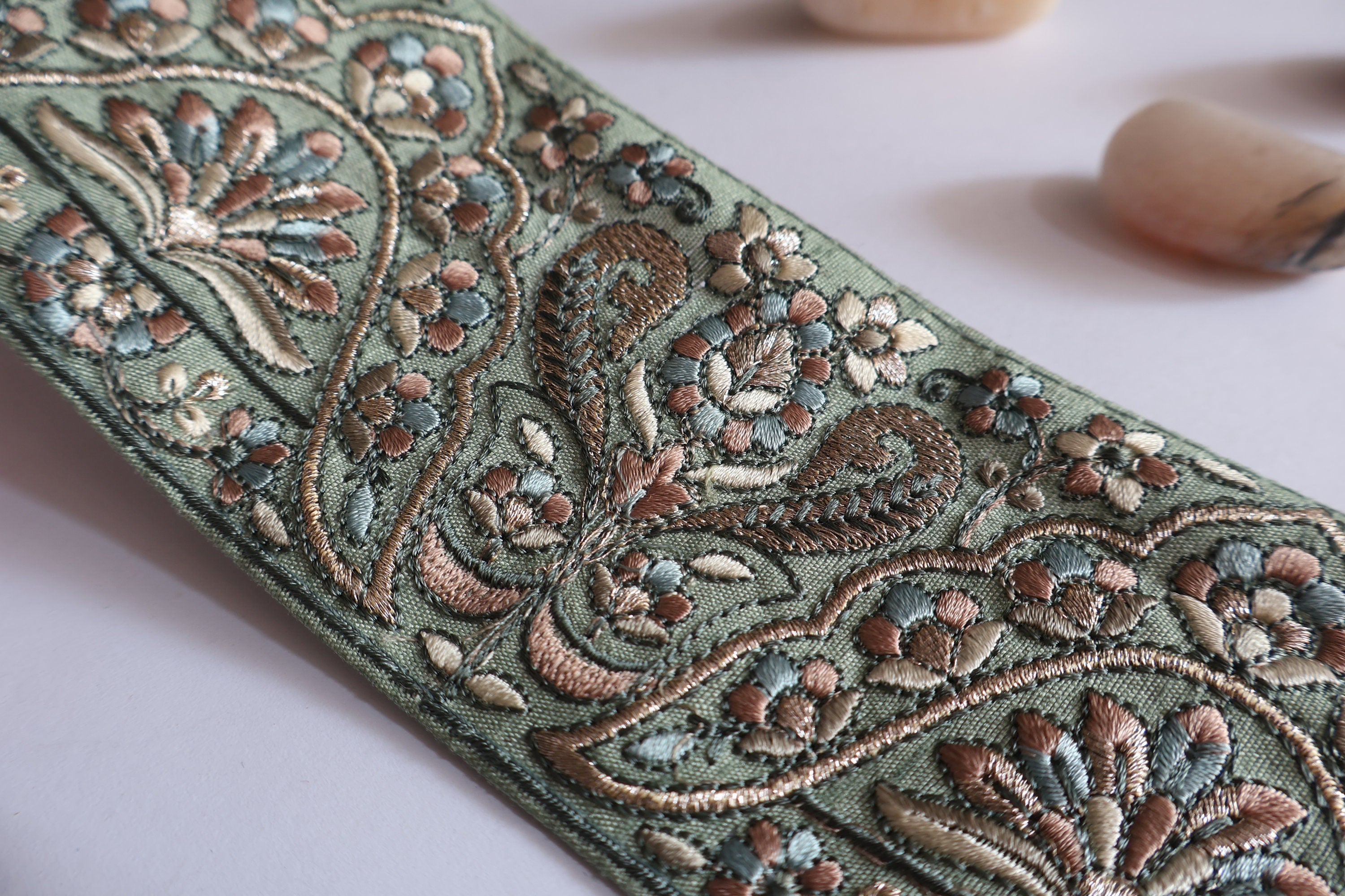 Mint Green Floral Embroidered Trim: Indian Sari Border, 3 Yards